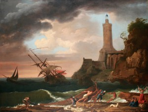 View of a rocky coastline with a Lighthouse and a sinking ship